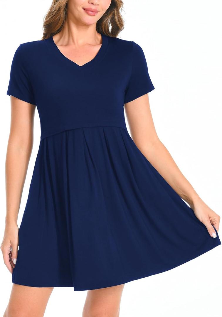 Bearsland Women's Short Sleeve Maternity Nursing Dress Casual Mini T-Shirt Dresses with Pockets (Blue)
