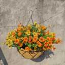 Artificial Faux Hanging Plants Flowers Basket for Summer Autumn, Colorful Daisy Flowers Eucalyptus UV Resistant Look Real for Outdoor Outside Porch Decoration (Orangeyellow)