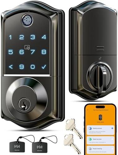 Veise VE017 Fingerprint Smart Door Lock, App Control, 7-in-1 Keyless Entry, Auto Lock, Emergency Power Port, Electronic Touchscreen Keypad, Biometric Smart Locks for Front Door, Matte Black