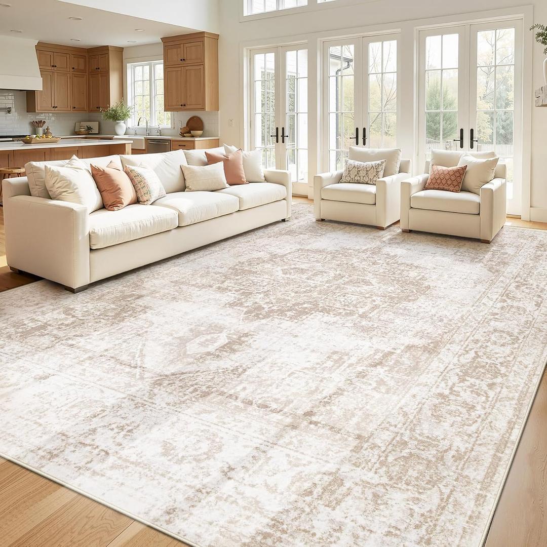 Area Rug 10x14 Vintage Rug: Large Washable Indoor Medallion Rugs Low Pile Distressed Floor Carpet Retro Accent Rug for Living Room Bedroom Dining Room Home Office(Beige, 10'x14')
