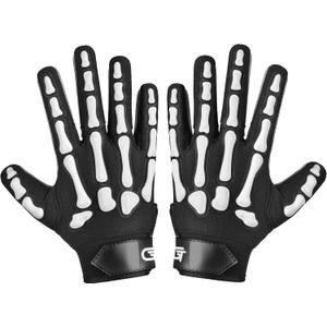 Glorious Traders Youth Football Gloves American Wide Receiver Injected Bones Football Gloves for Adult Men Women & Boys with Super Sticky Silicone Grip Palms (Black & White)