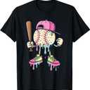 Baseball Drip for Girls Ice Cream Drip Baseball Spots T-Shirt, Large, Black