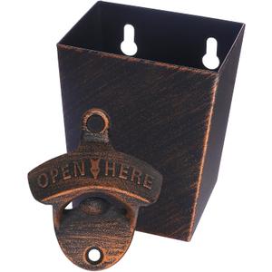 Vintage Bottle Opener Wall Mount and Cap Catcher with Drain Opening, Antique Copper Mountable Soda Bottle Opener and Top Holder for Garage Patio Bar