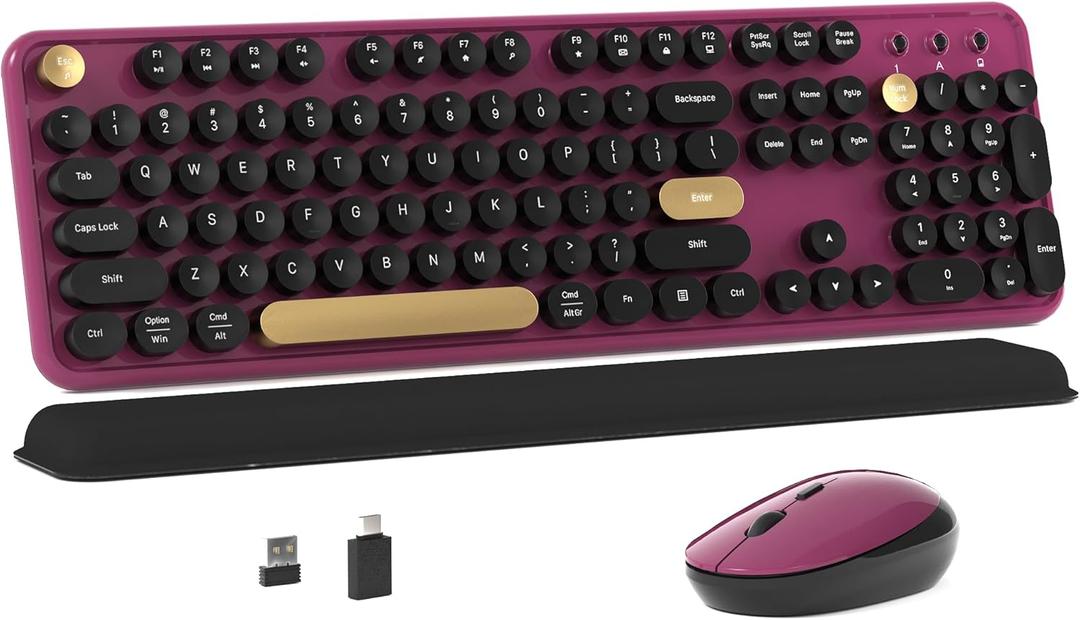MPTOG Colorful Wireless Computer Keyboard and Mouse Combo with Round Typewriter Keycaps, Retro Design, Power Switch, Ergonomic Design, 2.4GHz Wireless for Windows, Mac, PCBlack-Claret