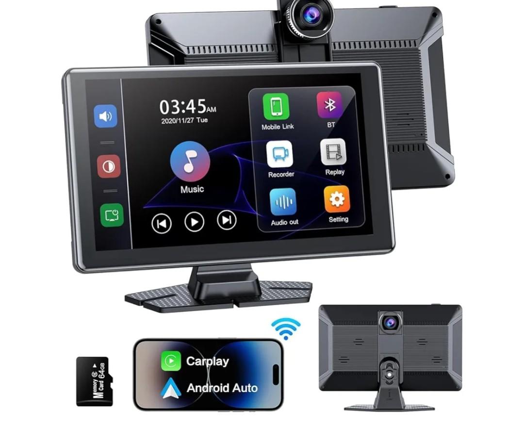 Portable Wireless Carplay Screen, PBYRD 9" Touchscreen with 4K HD Front Camera, Car Stereo with Apple Carplay & Android Auto, Mirror Link/Voice Control/Bluetooth/GPS Navigation-2025 NEW
