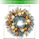 YULETIME 20-inch Christmas Wreath, Battery Operated Holiday Wreath with 20 Fairy Lights, Golden Baubles & Berries, Pine Cones, Golden Leaves, Frosted Spruce Branches and Pine Needles (Gold)