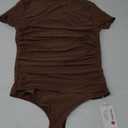 REORIA Women's Sexy Mock Turtle Neck Short Sleeve Shirts Sheer Mesh Ruched Trendy Going Out Bodysuits Tops (Large, Coffee)