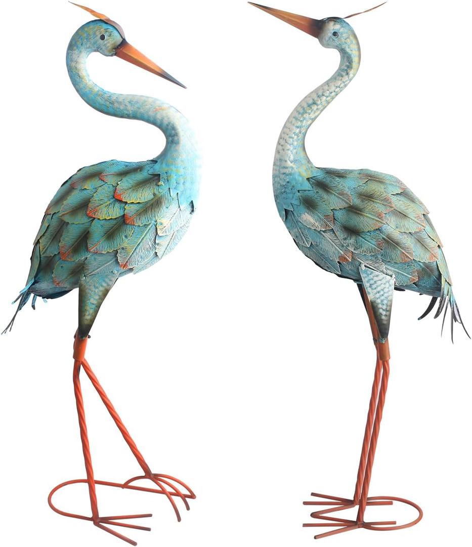2pcs Crane Garden Statues, Metal Crane Outdoor, Blue Heron Sculpture Metal Yard Art, Large Garden Heron Lawn Ornaments for Backyard Pond Patio Porch Outside Decorations