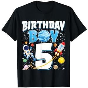 Boys 5th Birthday Astronaut Space Planets Five Years Old T-Shirt, Blue