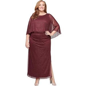 S.L. Fashions Women's Long Glitter Mesh Capelet Gown with Side Slit, Wedding Guest, Formal Dress (Plus Size) (Fig) Size 14W