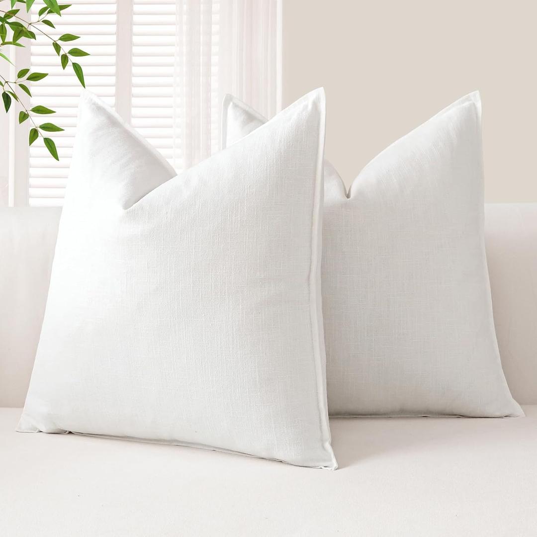 OTOSTAR Pack of 2 Linen Solid Throw Pillow Covers 18 x 18 Inch Boho Decorative Pillowcases Soft Accent Pillow Covers for Sofa Couch Chair Bedroom Farmhouse Home Decor Cushion Covers, White