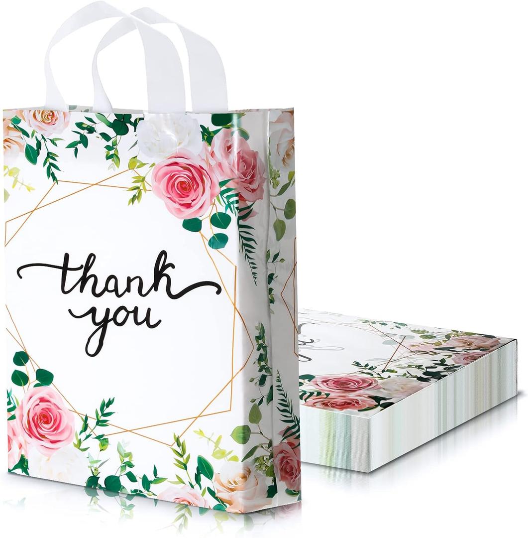 Frienda 50 Pieces Bulk Floral Thank You Bags 11.8 x 15 Inch Large Merchandise Retail Plastic Shopping Bags with Handle for Shopping Present Wrapping, 2.76 Mil Thick