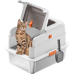 Stainless Steel Cat Litter Box with Lid, Covered Enclosed Kitty Litter Box, Flip Top High Sided Metal Cat Litter Pan with Litter Scoop, Front and Top Entry, Odor Control Leak Proof Easy Clean, White