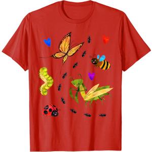 Kawaii Bugs Insect Ladybug Bee Mantis Butterfly for Kid Girl T-Shirt Red Size L
