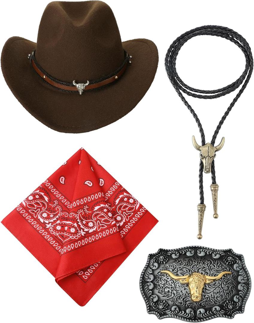 Toulite 4 Pcs Western Cowboy Accessories for Men Cowboy Hat Leather Rodeo Leather Necktie Cow Horn Belt Buckle Paisley Bandana for Western Outfit Halloween Cosplay
