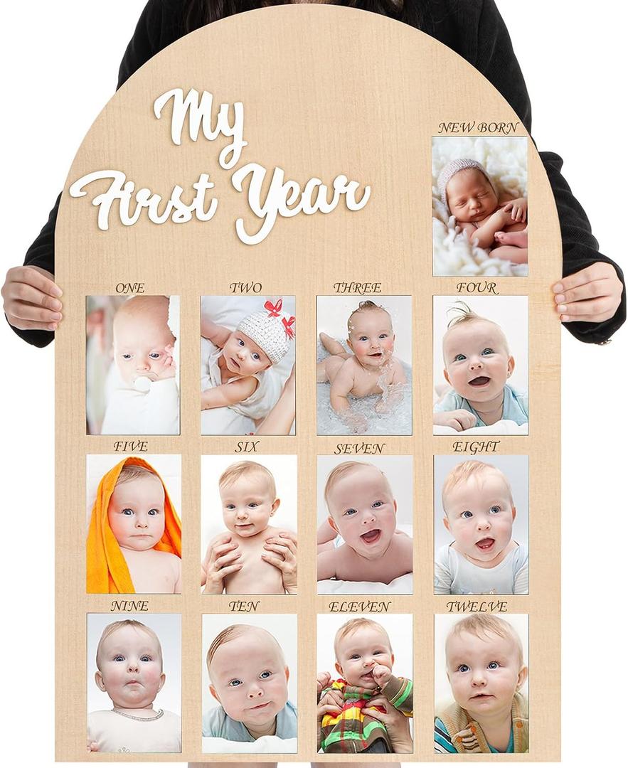 Large My First Year Picture Frame for 4 x 6 Inch Birthday Wooden Photo Board 12 Monthly Photo Display 1st Birthday Decorations Baby Gift for Newborn Keepsake, 33 x 22 Inch