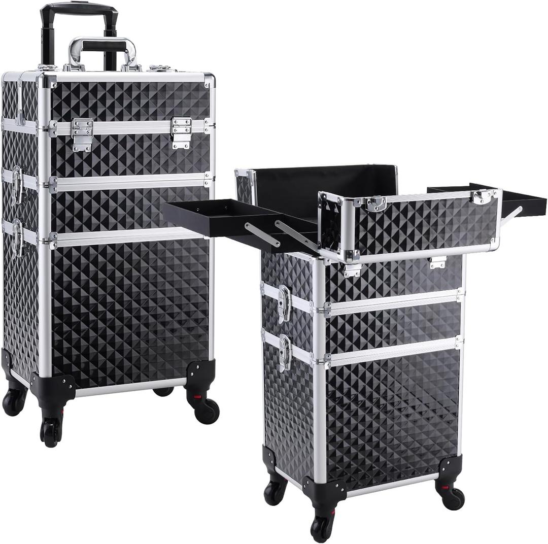FRENESSA 3 in 1 Rolling Makeup Train Case Professional Cosmetic Trolley Large Storage with Keys Swivel Wheels Salon Barber Case Traveling Cart Trunk for Make Up Hairstylists Nail Tech, Vintage Black