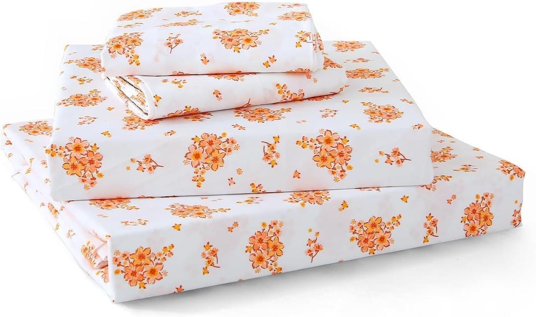 MUXHOMO Queen Size 4 Piece Sheet Set, Soft & Breathable Sheet Set for Bedroom with Deep Pocket Up To 16", Wrinkle-Free & Cooling Bed Sheet with Flat Sheet, Fitted Sheet & Pillowcases - Blossoms Orange