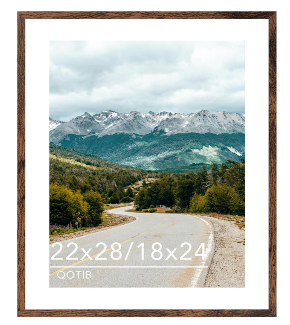 QOTIB Wood 22x28 Picture Frame with 18x24 Mat, Display 18x24 with Mat or 22x28 Without Mat, Wood 22 by 28 Photo Frame, 22 x 28 Frame for Wall Hanging Display, Deep Brown
