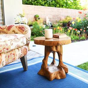WELLAND Live Edge Natural Teak End Table 16" L x 17" W x 18" H, Rustic Side Table, Small Accent Table, Plant Stand for Living Room, Bedroom, Home Office