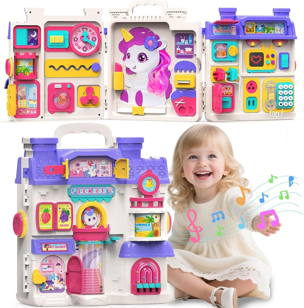 ELFJOY Montessori Toys for 1 Year Old Girl Gifts, Busy Board for 1 2 Year Old - 56+ Activities Bilingual Early Educational Learning Toddler Baby Girl Toys, First Birthday Gifts for 1 2 Year Old Girls (Multicolored)