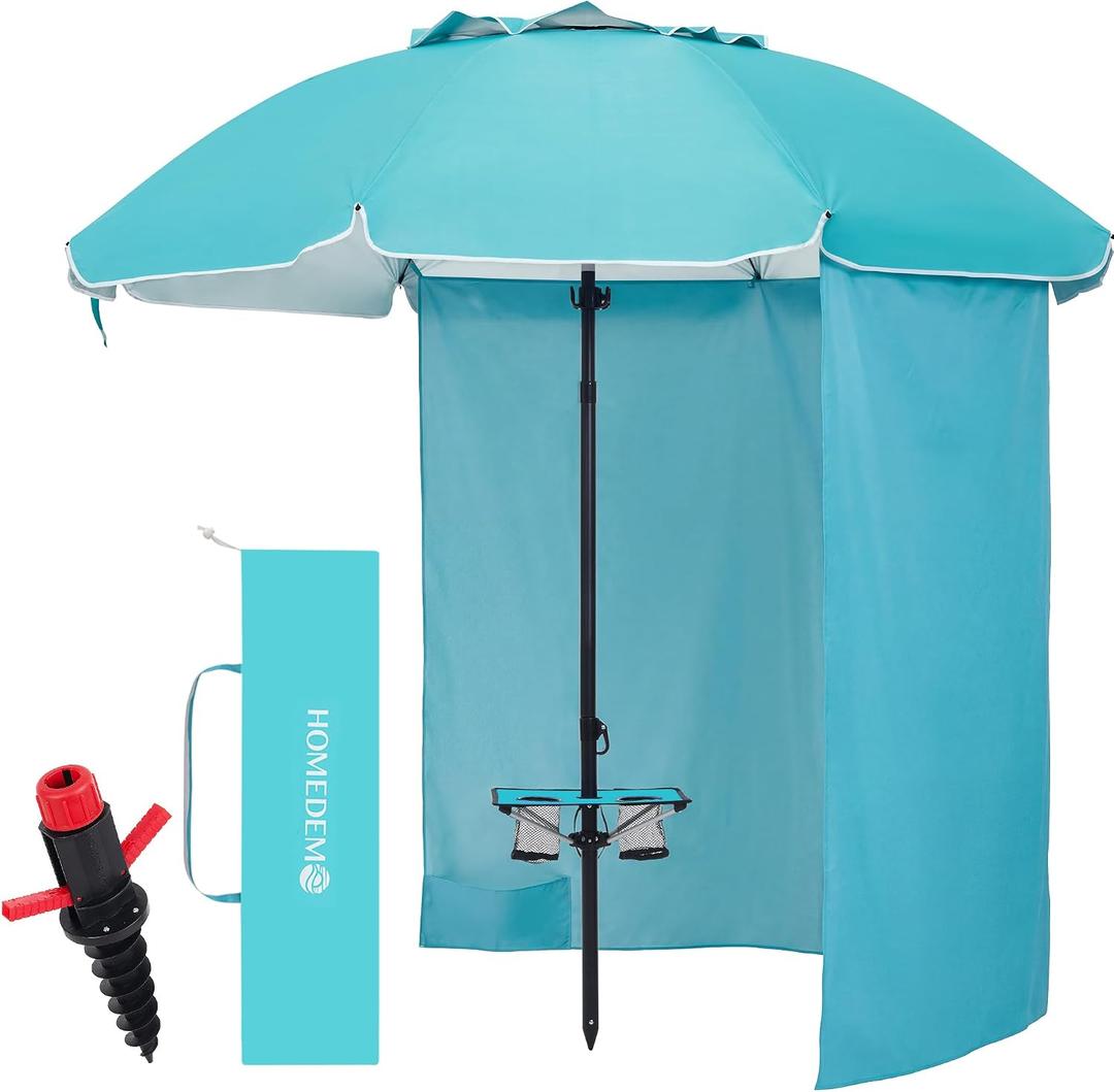 HOMEDEMO 7FT Beach Umbrella with Table & Anchor, Heavy Duty Windproof with UPF 50+ Sun Protection, Outdoor Umbrellas with Adjustable Aluminum Pole