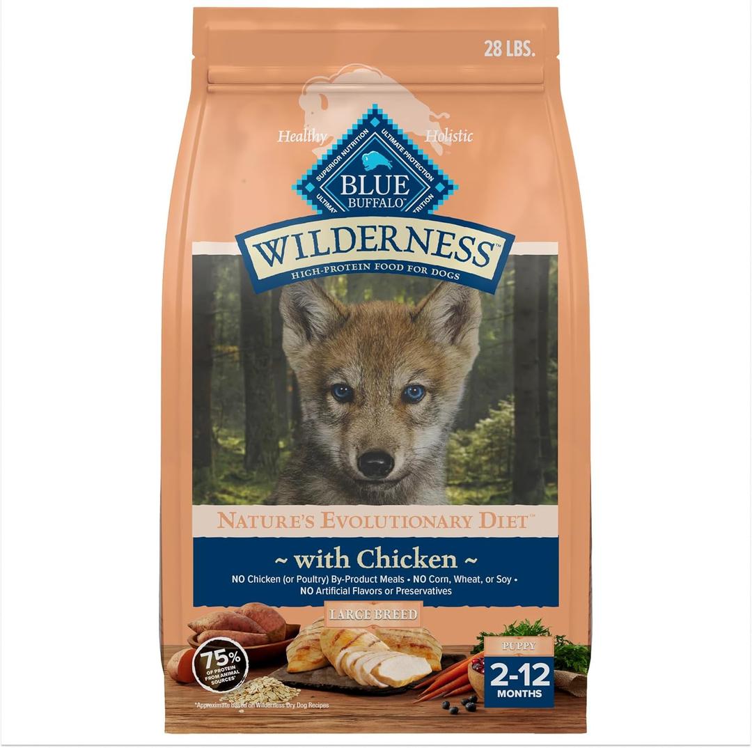 Blue Buffalo Wilderness Natural High-Protein Dry Food for Large Breed Puppies, with Wholesome Grains, Chicken, 28-lb Bag. EXP: 06/30/2026
