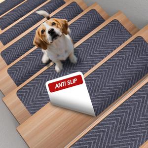 15-Pack Non-Slip Carpet Stair Treads for Wooden Steps Indoor, 8" X 30" Reusable Adhesive Backing Stair Runner Rugs for Kids Elders Pet, Wave Pattern, Grey