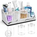 Bathroom Organizer Countertop, White Marble Toothbrush Holders for Bathrooms with 3PCS Qtip Holder Dispenser, Toothbrush and Toothpaste Holder for Bathroom Counter Organization Storage Vanity