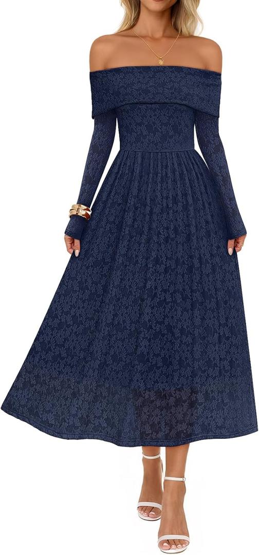 MEROKEETY Women's 2025 Fall Long Sleeve Floral Midi Dress Off Shoulder Wedding Guest Formal Long Flowy Dresses (S)