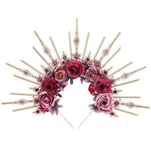 Renfaire Flower Halo Crown - Handmade Fantasy Purple and Pink Rose Headpiece with Crystal Gold Spiked Greek Goddess Headband for Women Fairy Elf Cosplay Renaissance Halloween Wedding (Pink)