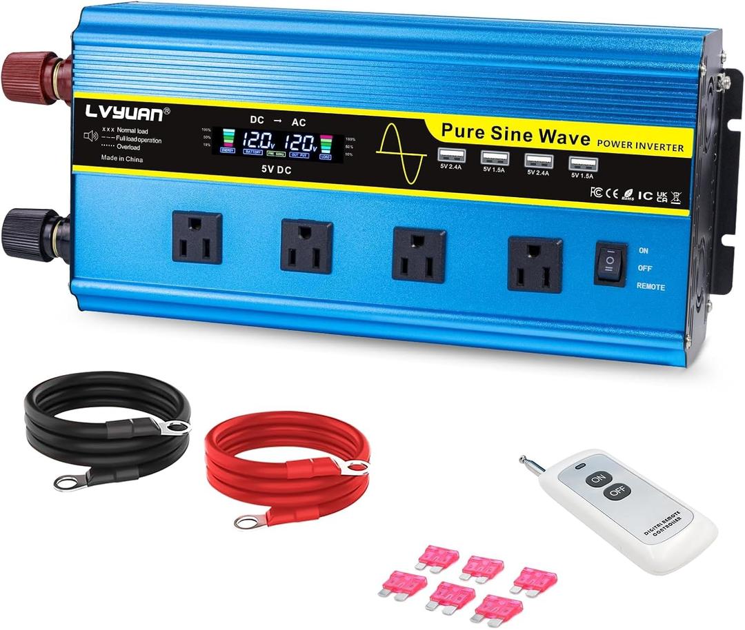 LVYUAN 2500 Watt Power Inverter Pure Sine Wave Inverter 12V to 110V DC to AC with AC Sockets, LCD Display, Wireless Remote Control Car Power Inverter for Vehicles RV Camping Truck (BLUE)