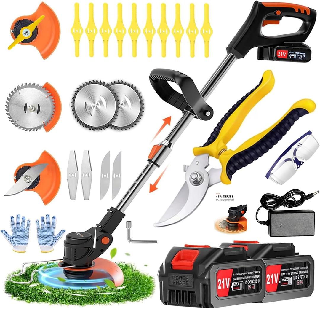 Weed Wacker,Electric Weed wackers with 2pcs 21V Batteries, Cordless Weed Wacker with 3 Different Types of Blades, String Trimmer, Weed Cordles Eater Battery Operated Suitable for Home, Garden and