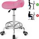 YEEZEE Saddle Stool Ergonomic- Comfortable Rolling Saddle Stool with Wide Thick Saddle Seat Padding, Swivel Adjustable Saddle Chair with Wheels and Ring Pedal for Medical Massage Salon (Pink)