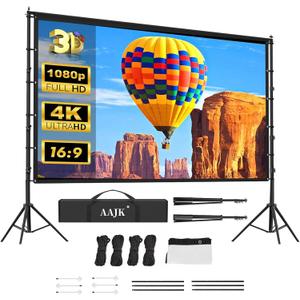 AAJK 150in Projector Screen with Stand,Portable 16:9 4K HD Indoor Outdoor Projection Screen with Wrinkle-Free Design, Ideal for Home Theater and Backyard Cinema  Includes Carry Bag