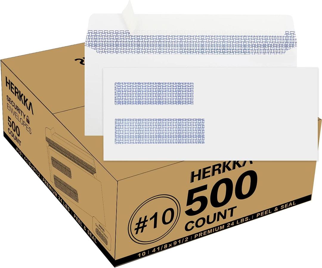 500 Pack #10 Double Window Security Self-Seal Envelopes - Suitable Size for Multiple Business Statements, Quickbooks Invoices, and Return Envelopes, Size 4-1/8 x 9-1/2 - White - 24 LB