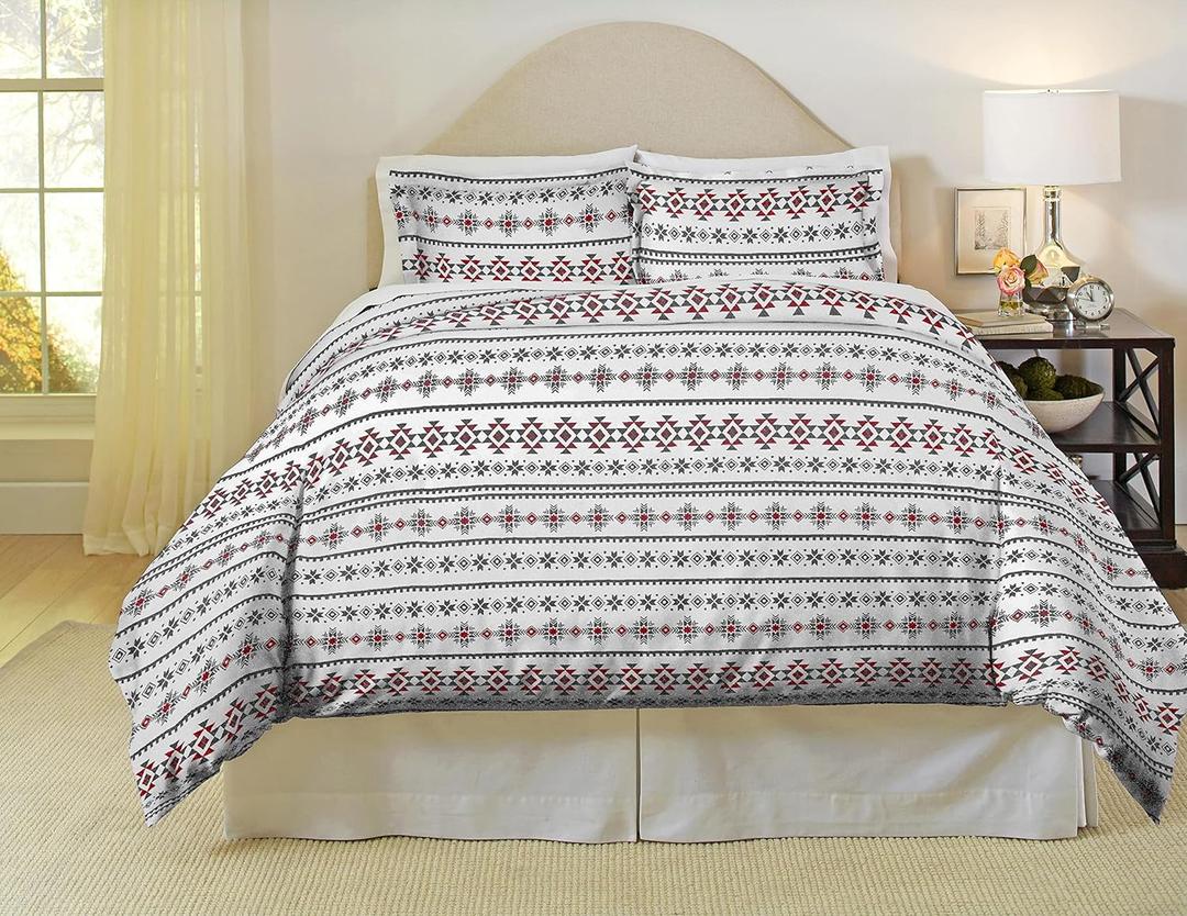 Pointehaven 180 GSM Cotton Flannel Duvet Set - Full/Queen, Aztec, red