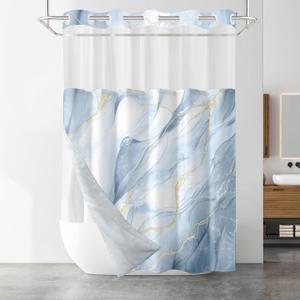 No Hook Shower Curtain with Snap in Liner Set, Sky Blue Marble Design, Waterproof Washable Fabric Hotel Shower Curtains for Bathroom Decor with See Through Mesh Top Window 71x74 Inch