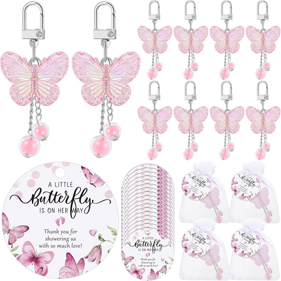50 Set Baby Shower Favors for Guests Butterfly Keychain Bulk Thank You Cards Bag Baby Shower Return Gifts (Pink)