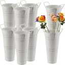 8 Pack 9 Inch Tall Galvanized Flower Bucket, Beige Farmhouse French Flower Bucket with Handle, Rustic Vintage Metal Vases for Flower, Centerpieces, Floral Wedding Arrangements