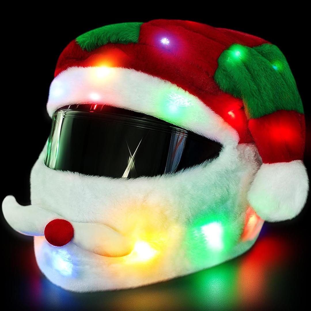 Relaxweex Light up Christmas Motorcycle Helmet Cover Extra Large Santa Claus Hat Decoration 18.78 x 15.75 Inch Helmet Cover (Red-green Altering)