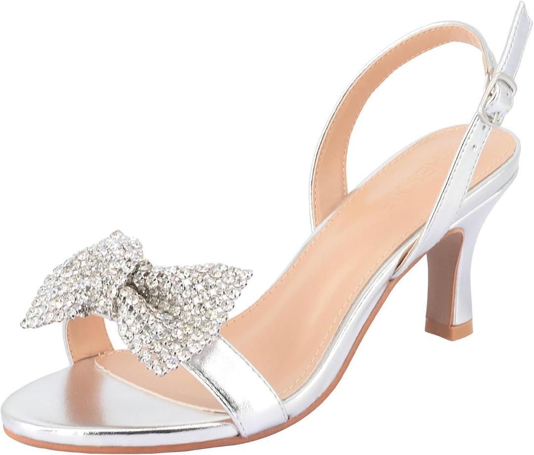 SheSole Women's Bow Rhinestones Dress Sandals Kitten Heels Sparkle Wedding Shoes for Bride Open Toe (7 Narrow) 37.5