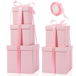 Cholemy 5 Pcs Square Nesting Boxes Decorative Gift Boxes with Lid and Ribbon Assorted Sizes Wrap for Wedding, Carnival, Anniversary, Birthday, Bridal Shower Party Gifts(Pink)