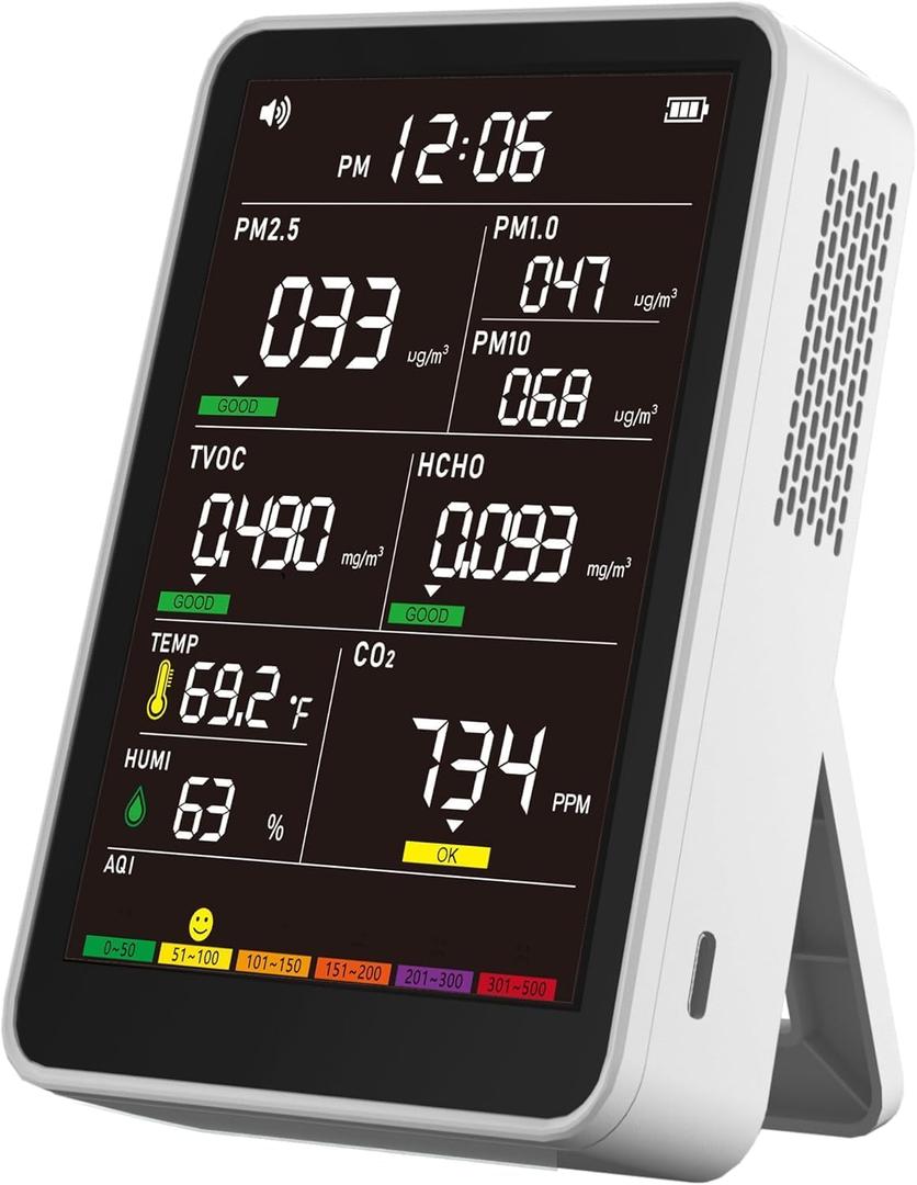 Professional Indoor Air Quality Monitor with AQI Alerts, Portable Real-Time Detector for Home, Car, Plants & Pets (Ivory White)