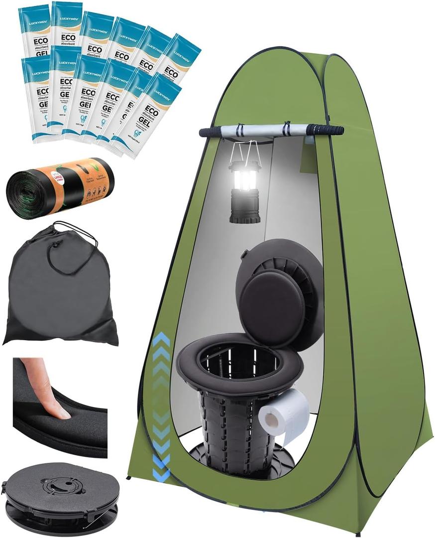 Portable Toilet with Pop-Up Privacy Tent, Camping Lantern, Compact Travel Toilet with Lid, Waste Bags & Gel Packs Outdoor, RV, Hiking, Emergency Potty
