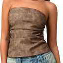 MakeMeChic Women's PU Leather Top Strapless Ruched Bandeau Sleeveless Party Tube Tops (Large, Brown)
