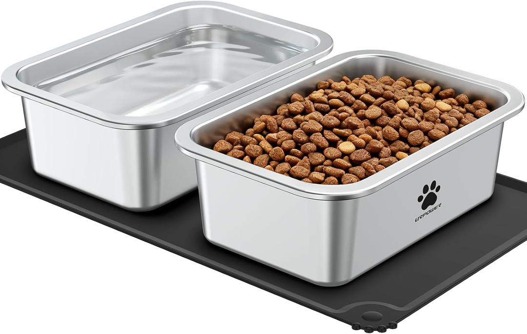 URPOWER 2 Pack 1.25 Gallon Large Dog Water Bowl, Thickened Stainless Steel Dog Water & Food Bowls with Non-Slip Mat, Spill-Proof Metal Pet Bowl Set for Medium, Large, X-Large Dogs, Indoor/Outdoor Use