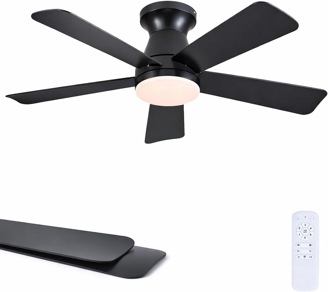 41" Black Low Profile Ceiling Fans with Lights and Remote, Modern Flush Mount Ceiling Fan Light with Quiet Reversible DC Motor for Bedroom Kitchen