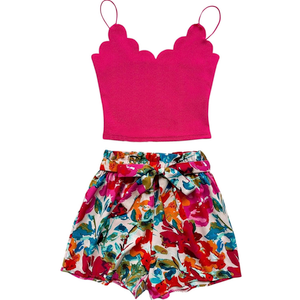 Women's 2 Piece Summer Vacation Outfits Floral Print Cami Crop Tops and Tie Front Shorts Set M