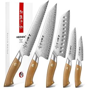 HEZHEN Chef Knife Set, 5 Pieces, 67 Layers Damascus Steel Kitchen Knife Set, ltra-sharp Blade, Professional Knife Sets for Chefs and Home Cooking, Linen Micarta Handle, Gift Packing